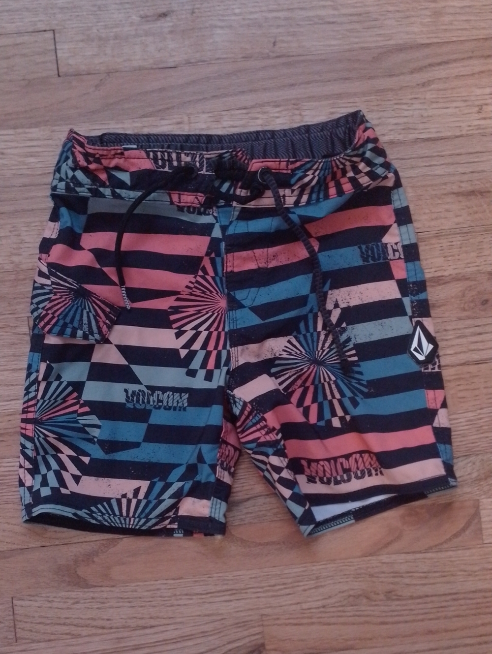 Volcom Boys' Coral and Teal Striped Swim Trunks
